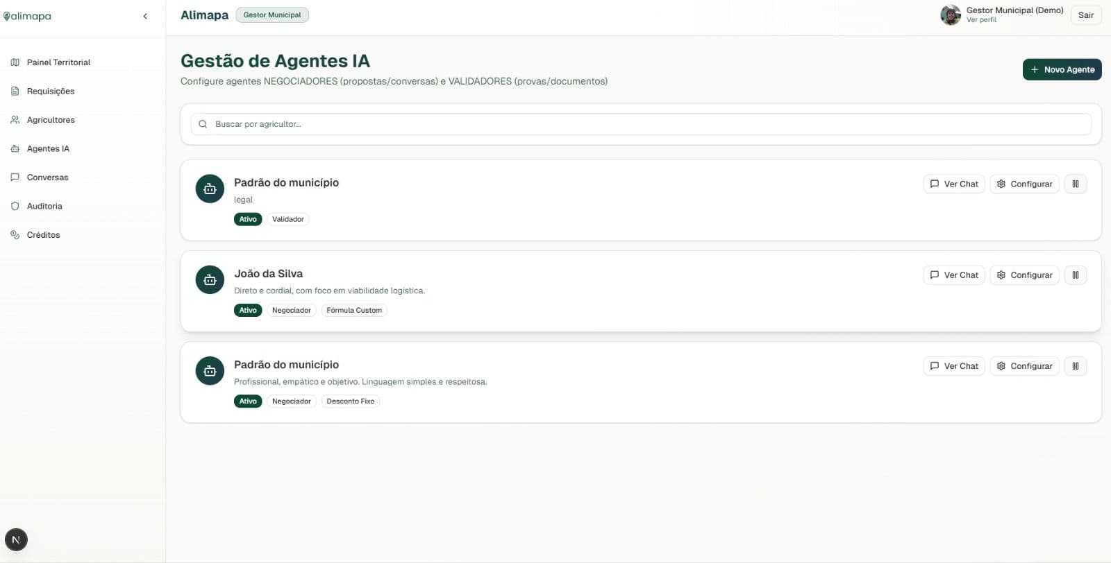 Alimapa dashboard — AI agents management for municipal farmer requisitions