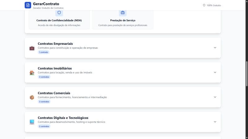 GerarContrato interface showing contract templates by category