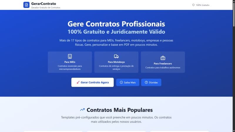 GerarContrato landing page — free contract generator