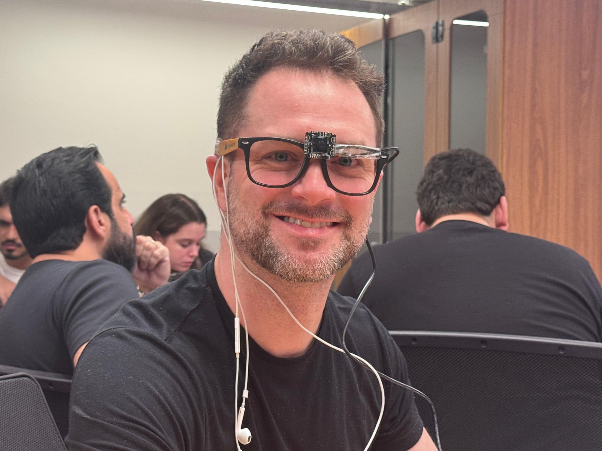 VOCULOS smart glasses prototype with a camera module on the frame